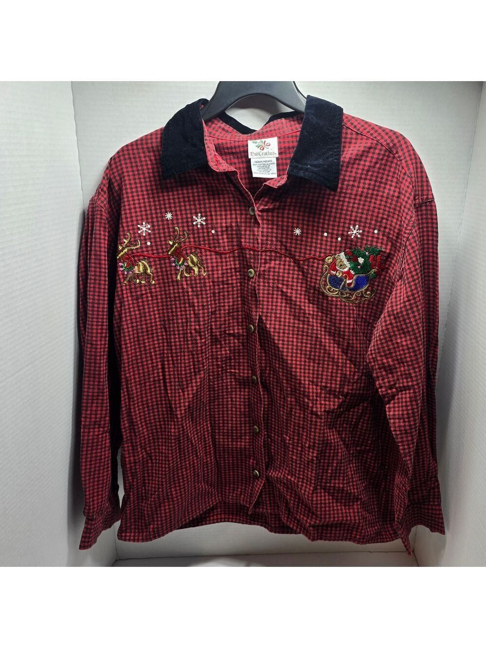 Red Checkered Shirt with Holiday Embroidery